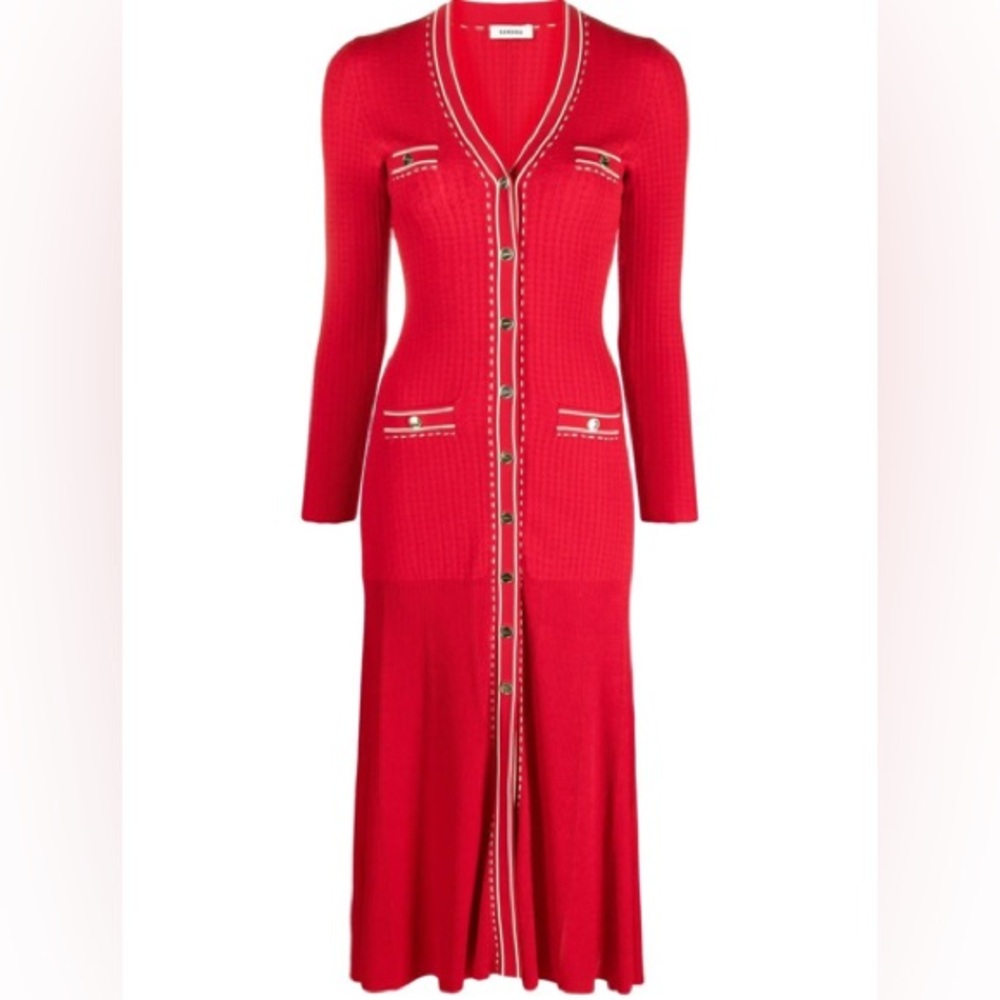 Sandro Red Long Ribbed Knit Button-Front Dress NWOT